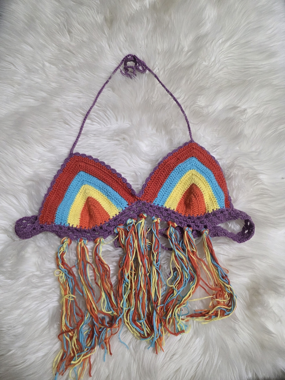 Hot & Delicious Purple Crochet Fringe Bikini Top with Rainbow Tassels